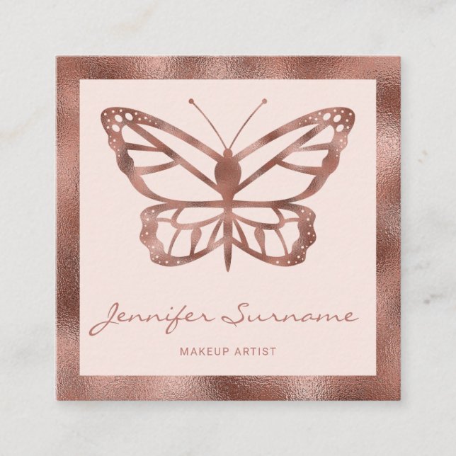 Faux Rose Gold Foil Look-like Butterfly Square Business Card (Front)