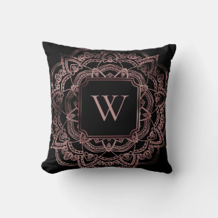 Faux Rose Gold Foil Mandala w/ Monogram on Black Cushion