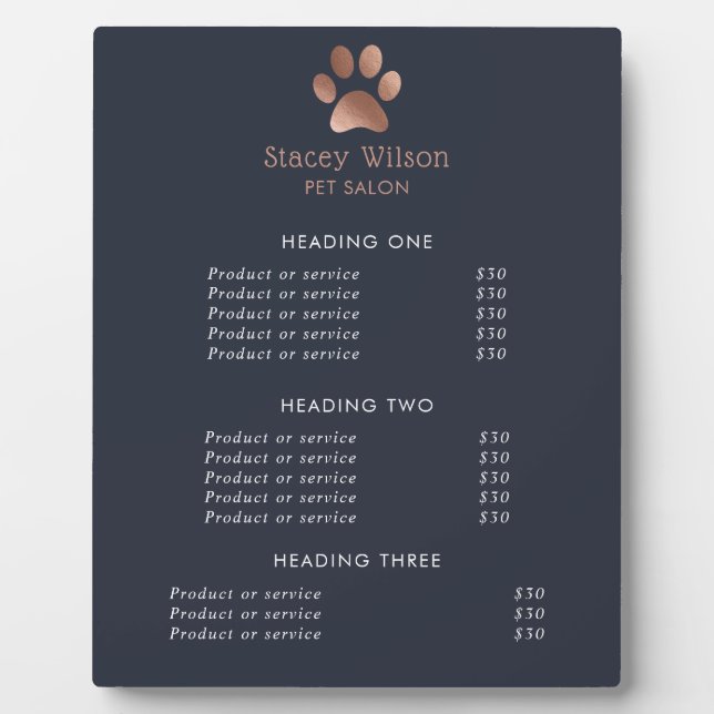 Faux Rose Gold Foil Paw Print Logo And Navy Plaque (Front)