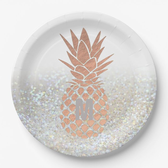 faux rose gold foil pineapple on faux glitter paper plate (Front)