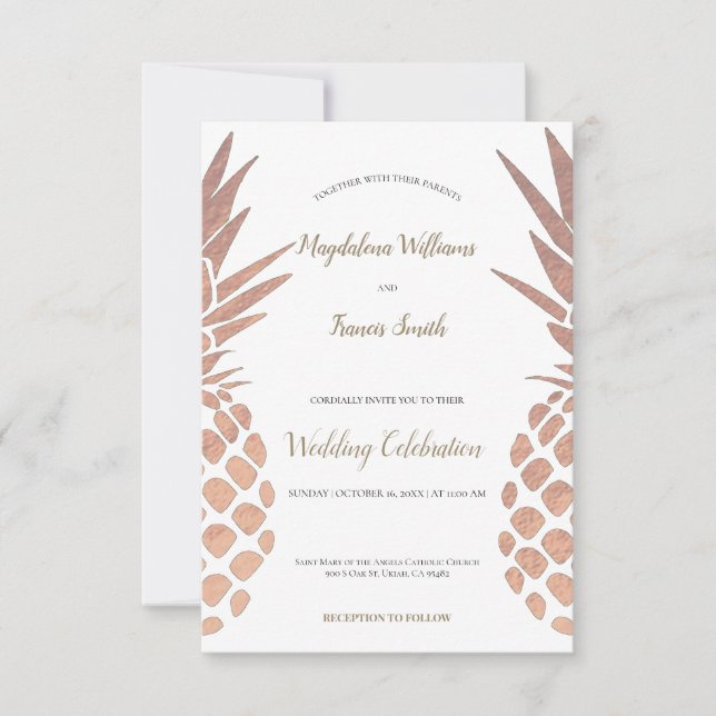 faux rose gold foil pineapples wedding invitation (Front)