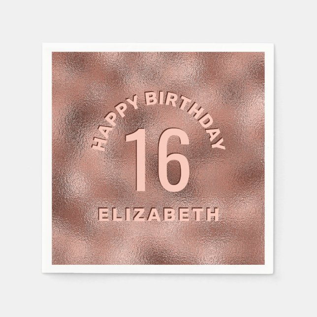 Faux Rose Gold Foil Texture Happy Birthday & Age N Napkin (Front)