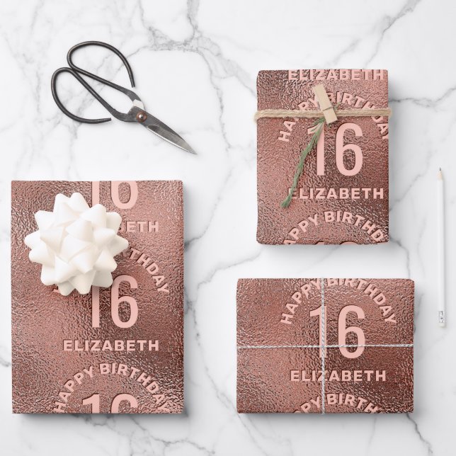Faux Rose Gold Foil Texture Happy Birthday & Age Wrapping Paper Sheet (Front)