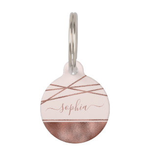 Faux Rose Gold Foil Texture & Pet Name And Number Pet Tag