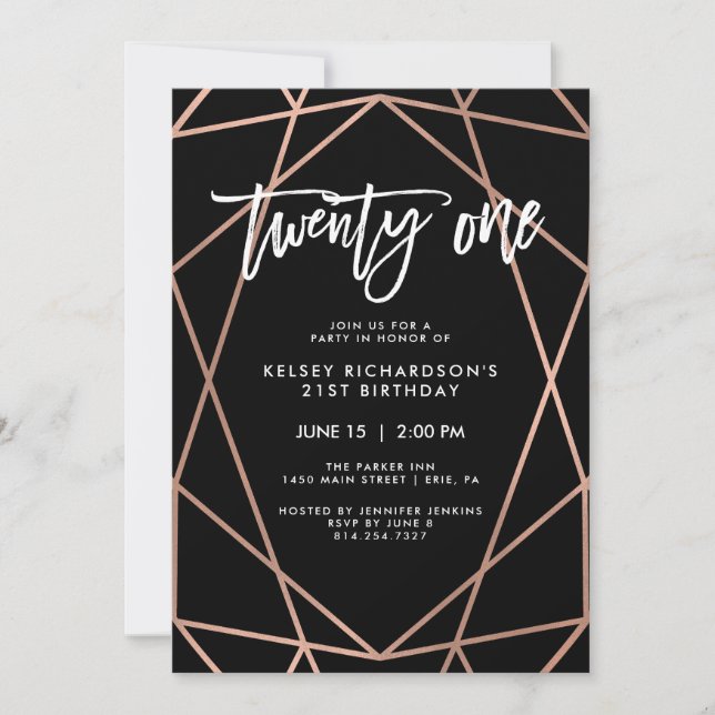Faux Rose Gold Geometric | 21st Birthday Party Invitation (Front)