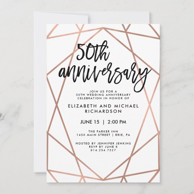 Faux Rose Gold Geometric 50th Wedding Anniversary Invitation (Front)