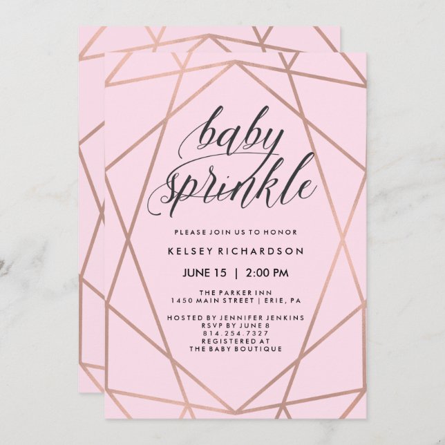 Faux Rose Gold Geometric Blush Pink Baby Sprinkle Invitation (Front/Back)