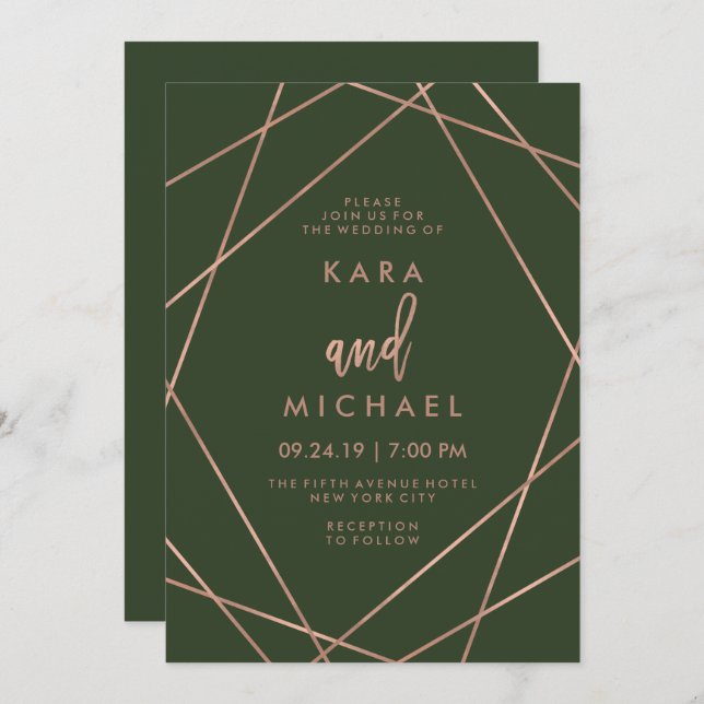 Faux Rose Gold Geometric | Deep Green Wedding Invitation (Front/Back)