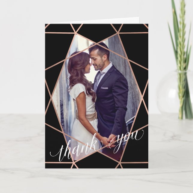 Faux Rose Gold Geometric Lines Photo Thank You Card (Front)