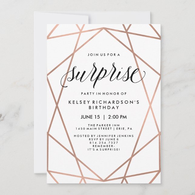 Faux Rose Gold Geometric Lines | Surprise Party Invitation (Front)