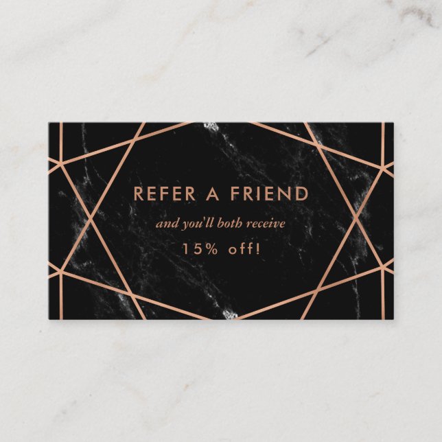 Faux Rose Gold Geometric on Black Marble Referral Card (Front)