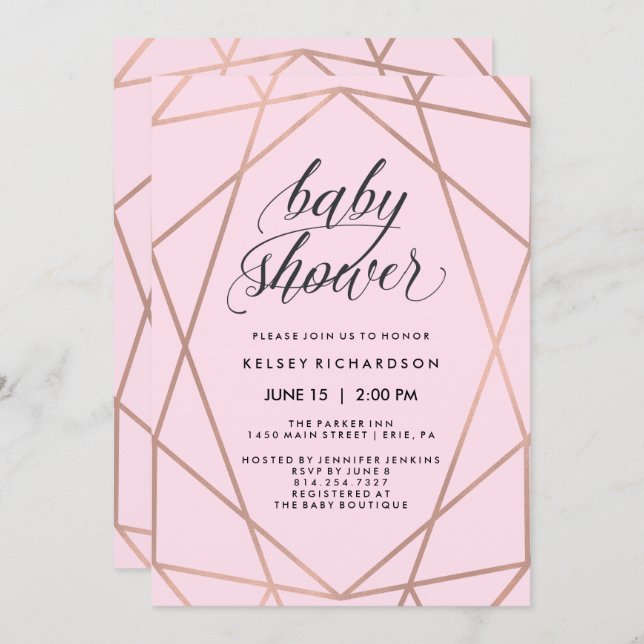 Faux Rose Gold Geometric on Blush Pink Baby Shower Invitation (Front/Back)