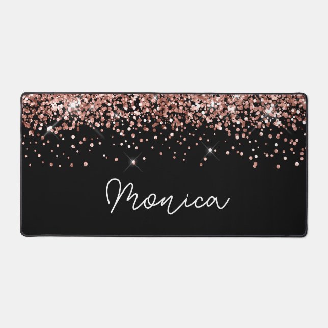 Faux Rose Gold Glitter and Black Desk Mat (Front)