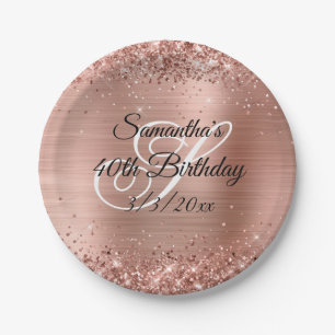 Faux Rose Gold Glitter and Foil 40th Birthday Paper Plate