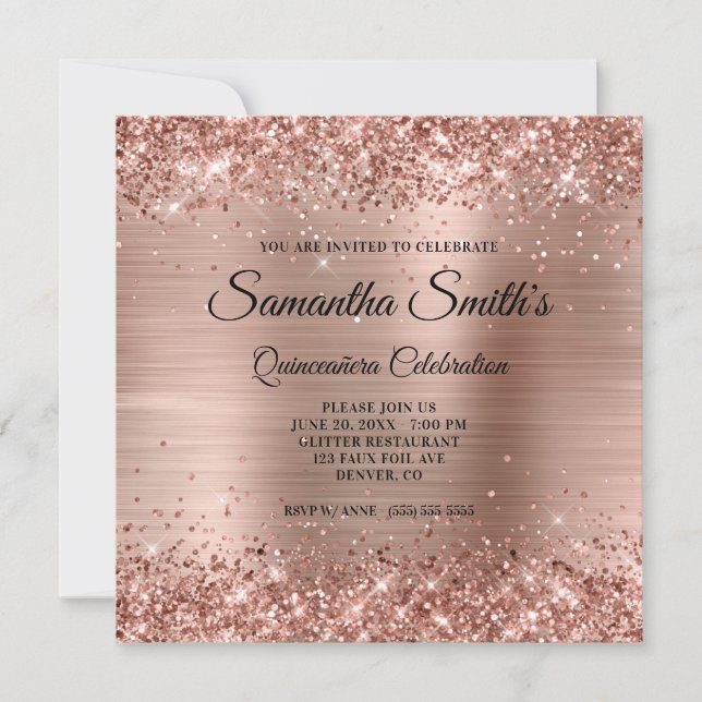 Faux Rose Gold Glitter and Foil Quinceañera Invitation (Front)