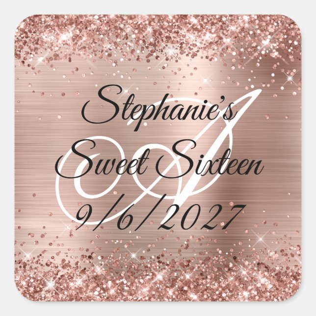 Faux Rose Gold Glitter and Foil Sweet Sixteen Square Sticker (Front)