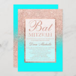 Faux rose gold glitter aqua chic Bat Mitzvah Invitation<br><div class="desc">A modern,  pretty chic and elegant faux rose gold glitter shower ombre with aqua colour block Bat Mitzvah invitation with rose gold ombre pattern fading onto an aqua background with and elegant gold frame Perfect for a princess Bat Mitzvah</div>