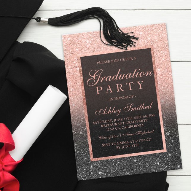 Faux rose gold glitter black Graduation party Invitation (Creator Uploaded)