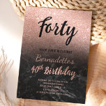 Faux rose gold glitter black marble 40th Birthday Invitation<br><div class="desc">Faux rose gold glitter ombre on black marble 40th Birthday A modern 40th Birthday party invitation with modern, original and simple faux rose gold glitter invitation and hand written style brush typography on a black marble background . If you need any text changed and customised don't hesitate in contacting me!...</div>