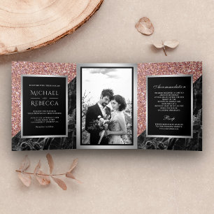 Faux Rose Gold Glitter Black Marble Photo Wedding Tri-Fold Invitation