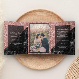 Faux Rose Gold Glitter Black Marble Wedding Photo Tri-Fold Invitation