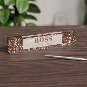 Faux Rose Gold Glitter Boss Acrylic Block Nameplate