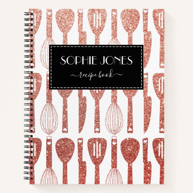Faux Rose Gold Glitter Cute Kitchen Utensils Notebook (Front)
