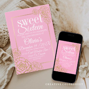Faux rose gold glitter floral elegant Sweet 16  Invitation
