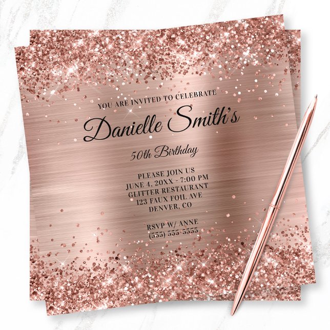 Faux Rose Gold Glitter Foil Monogram 50th Birthday Invitation (Glittery Rose Gold 50th Birthday Invite for Her)
