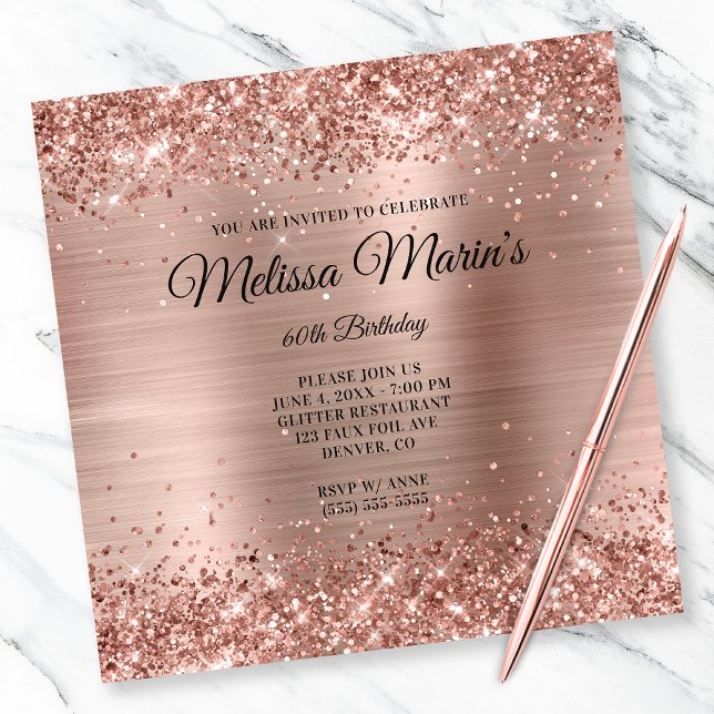Faux Rose Gold Glitter Foil Monogram 60th Birthday Invitation (Create your own milestone birthday invitation for her.)