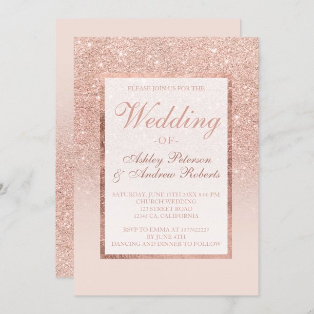 Faux rose gold glitter frame elegant chic wedding invitation (Front/Back)