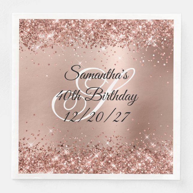 Faux Rose Gold Glitter Glam Gradient 40th Birthday Napkin (Front)