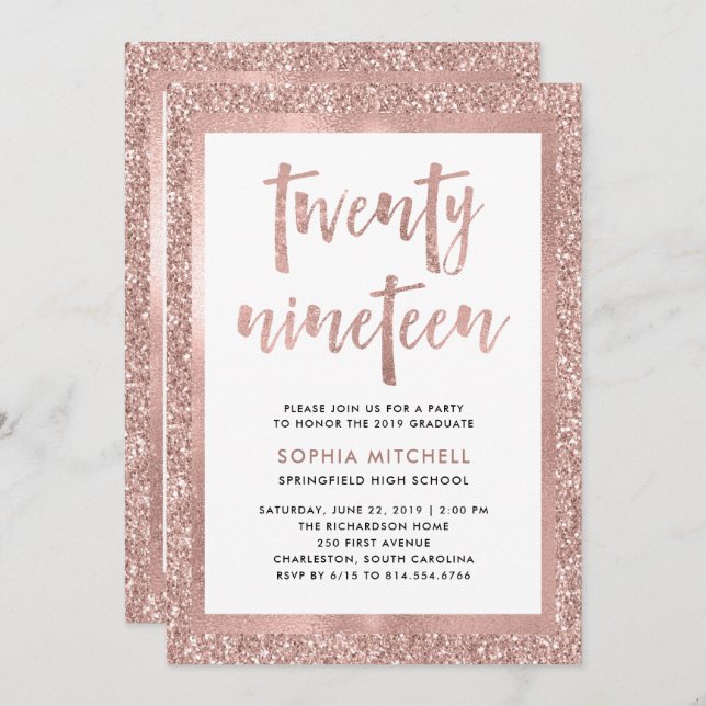 Faux Rose Gold Glitter | Graduation Party Photo Invitation (Front/Back)