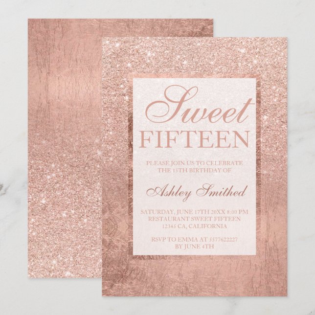 Faux rose gold glitter leaf elegant chic Sweet 15 Invitation (Front/Back)