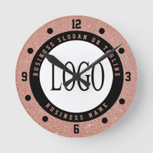 Faux Rose Gold Glitter Logo Business Wall Clock