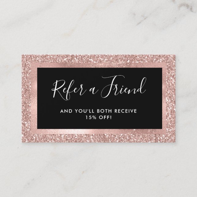 Faux Rose Gold Glitter Look and Black Referral Card (Front)
