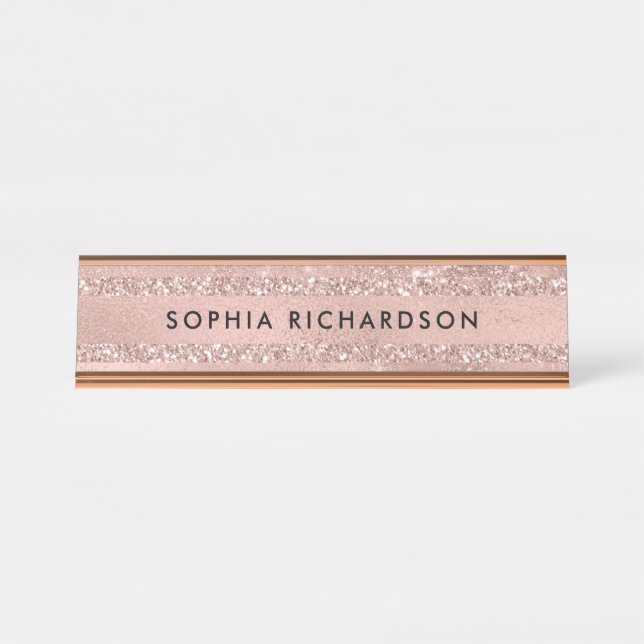 Faux Rose Gold Glitter Look Desk Name Plate (Front)