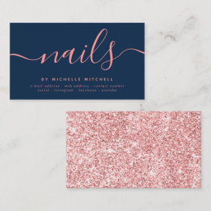 Faux Rose Gold Glitter Nail Technician Navy Business Card