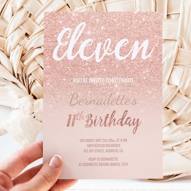Faux rose gold glitter ombre eleven Birthday Invitation (Creator Uploaded)