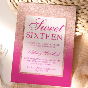 Faux rose gold glitter ombre pink magenta Sweet 16 Invitation