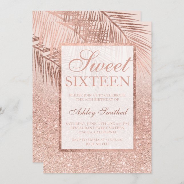 Faux rose gold glitter palm tree blush Sweet 16 Invitation (Front/Back)