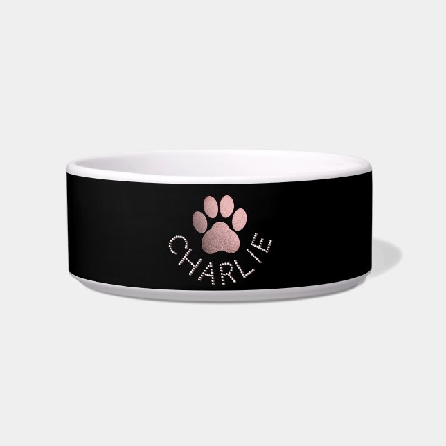 Faux Rose Gold Glitter Pawprint Personalised Dog Bowl (Front)