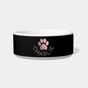 Faux Rose Gold Glitter Pawprint Personalized Dog Bowl