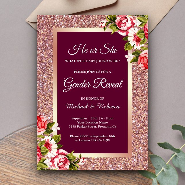 Faux Rose Gold Glitter Pink Floral Gender Reveal Invitation (Creator Uploaded)