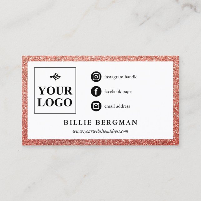 Faux Rose Gold Glitter Social Media Logo Business Card (Front)