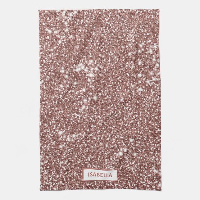 Faux Rose Gold Glitter Texture Look & Custom Name Tea Towel (Vertical)