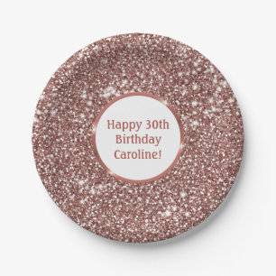 Faux Rose Gold Glitter Texture Look & Custom Text Paper Plate