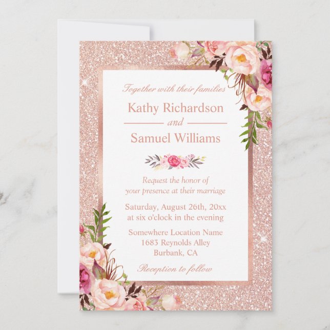 Faux Rose Gold Glitters Blush Floral Wedding Invitation (Front)