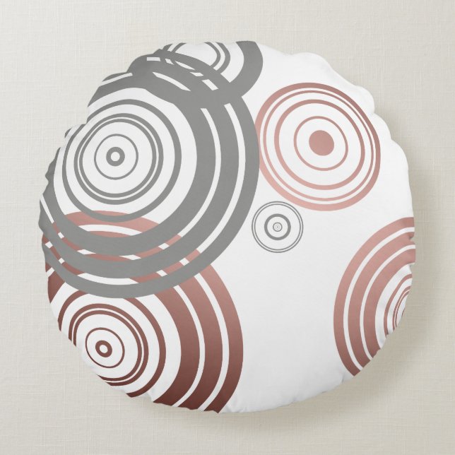 faux rose gold grey geometric circles pattern round cushion (Front)