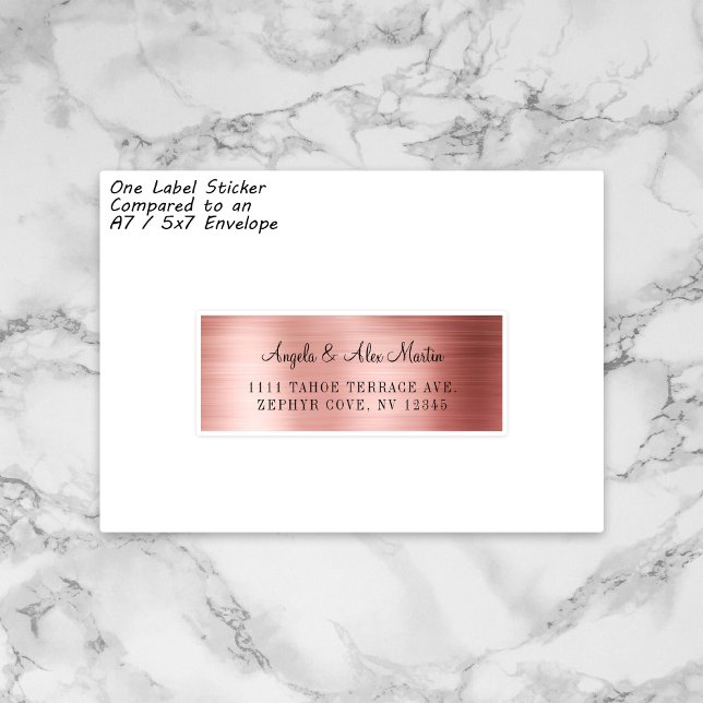 Faux Rose Gold Individual Wedding Address Labels (One sample sticker from the sheet on a shape comparable to an A7 envelope.)